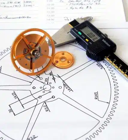 Ein goldfarbenes Zahnrad und ein Messschieber liegen auf einem technischen Zeichnungsplan.