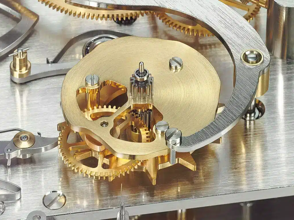 Nahaufnahme eines Teils aus einem Uhrwerk aus Metall