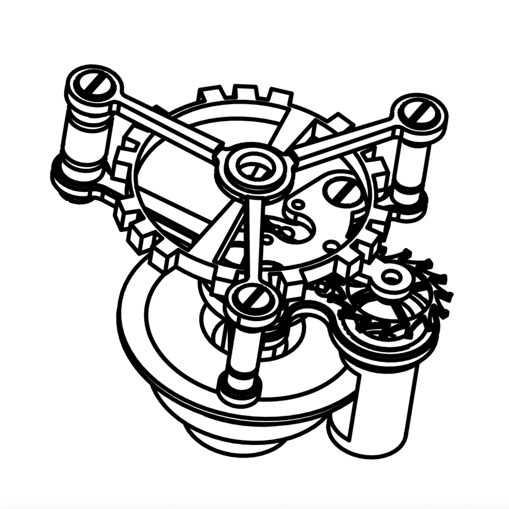 Diagramm eines mechanischen Uhrwerks mit Zahnrädern und Hebelmechanismen in Draufsicht.