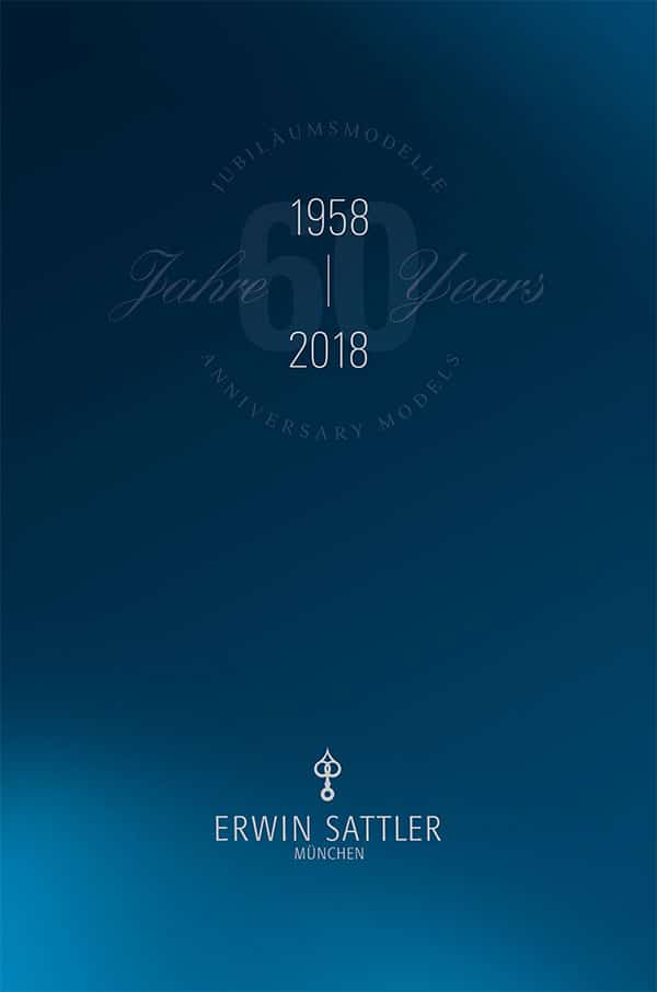 Jubiläumskatalog von Erwin Sattler München, zeigt "60 Jahre" von 1958 bis 2018 mit elegantem Design auf blauem Hintergrund.