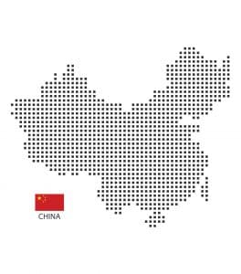 Umrisskarte von China aus schwarzen Punkten, darunter die chinesische Flagge.