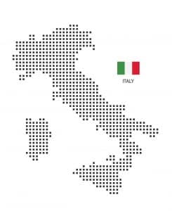 Stilisiertes Punktemuster der Karte Italiens, begleitet von der italienischen Flagge.