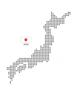 Stilisierte Karte von Japan in Form vieler kleiner Punkte, daneben die japanische Flagge mit rotem Punkt auf weißem Hintergrund.