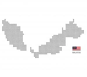 Umriss von Malaysia aus kleinen schwarzen Punkten, daneben die malaysische Flagge.