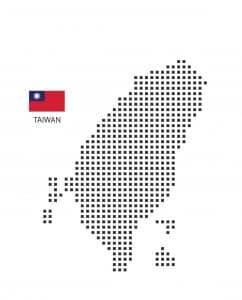 Karte von Taiwan aus schwarzen Punkten auf weißem Hintergrund, links daneben die Flagge von Taiwan.