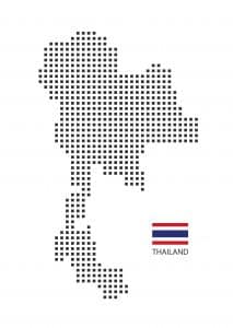 Eine grafische Darstellung der Landkarte von Thailand in Punktmuster, daneben die Flagge Thailands und der Schriftzug "Thailand".