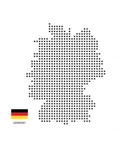 Umriss von Deutschland aus kleinen schwarzen Quadraten gebildet, unten links die deutsche Flagge.