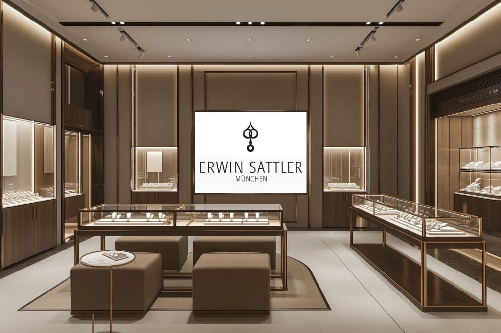 Innenansicht eines eleganten Uhrengeschäfts mit minimalistischem Design, beleuchteten Ausstellungsflächen und einer großen Leinwand mit dem Logo von Erwin Sattler München.
