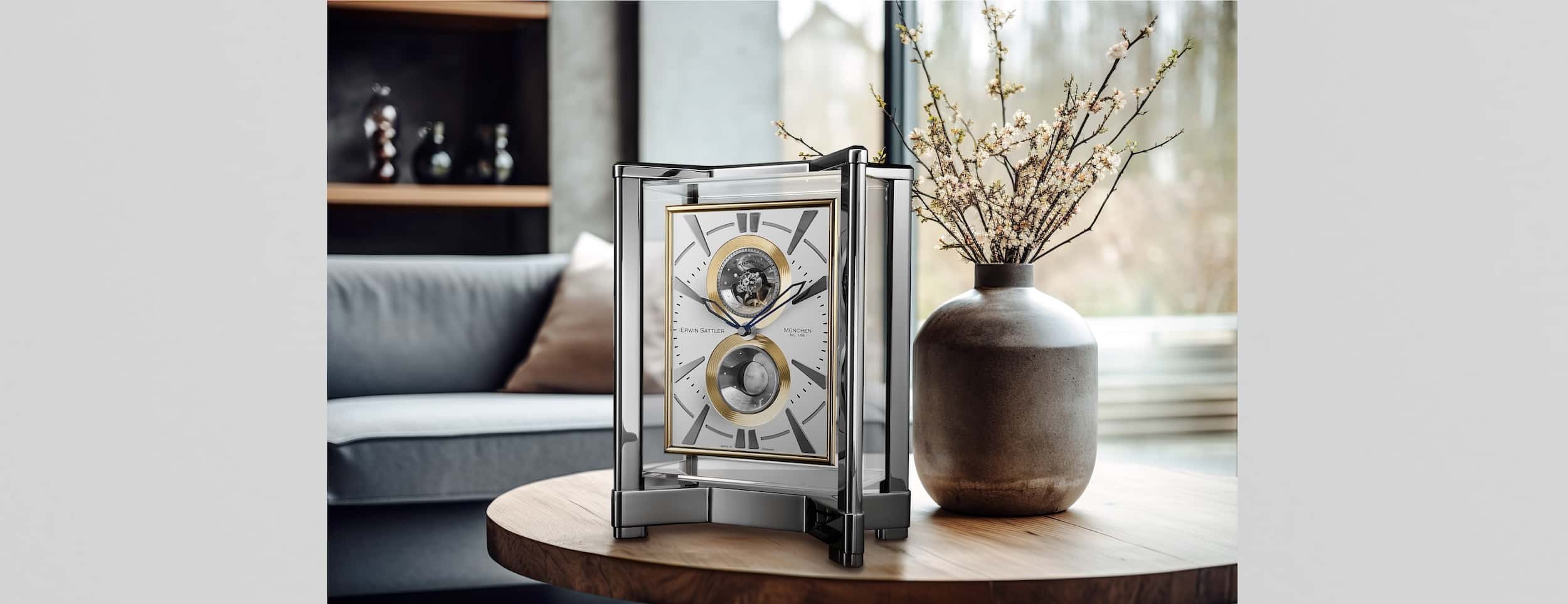 Tischuhr Opus Moon Tourbillon von Erwin Sattler mit Glasgehäuse und Zahnrädern im modernen Wohnzimmer auf einem Holztisch, daneben eine Vase mit Zweigen.